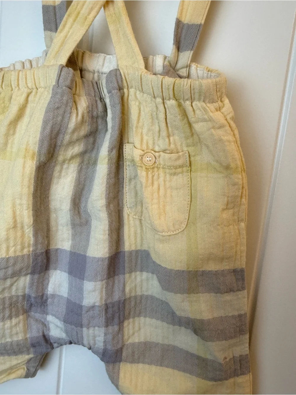 Burberry Yellow & Gray Plaid Kids Suspender Shorts sz 3m